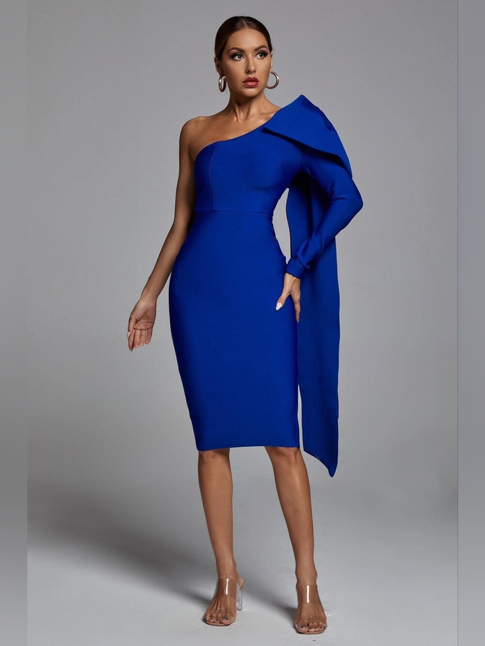 NWT BELLA BARNETT One-Shoulder Ruffle Bow Royal Blue Bodycon Midi Dress Sz Large